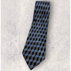 LANVIN Silk Tie FRANCE Navy Blue Gold Geometric W:4"